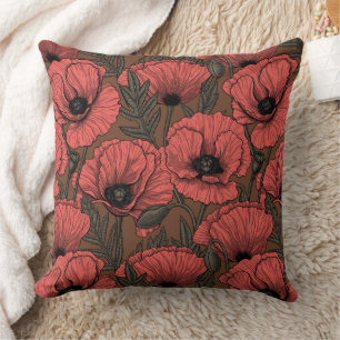 Poppy garden in coral and brown cushion