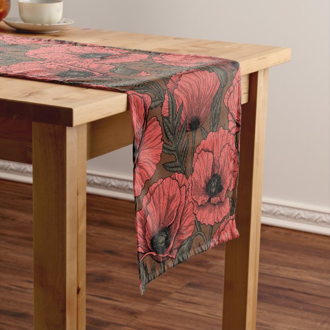 Poppy garden in coral and brown short table runner (In Situ)