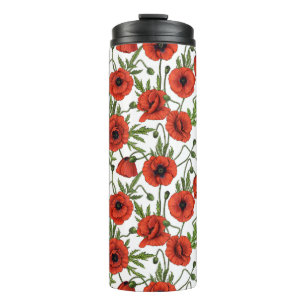 Poppy garden in coral and brown thermal tumbler