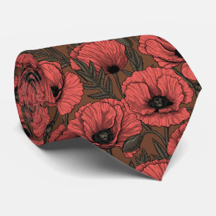 Poppy garden in coral and brown tie
