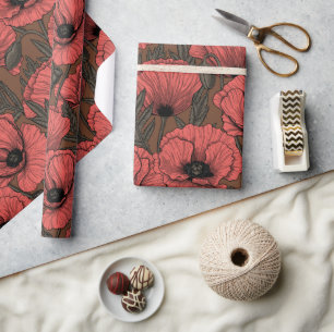 Poppy garden in coral and brown wrapping paper