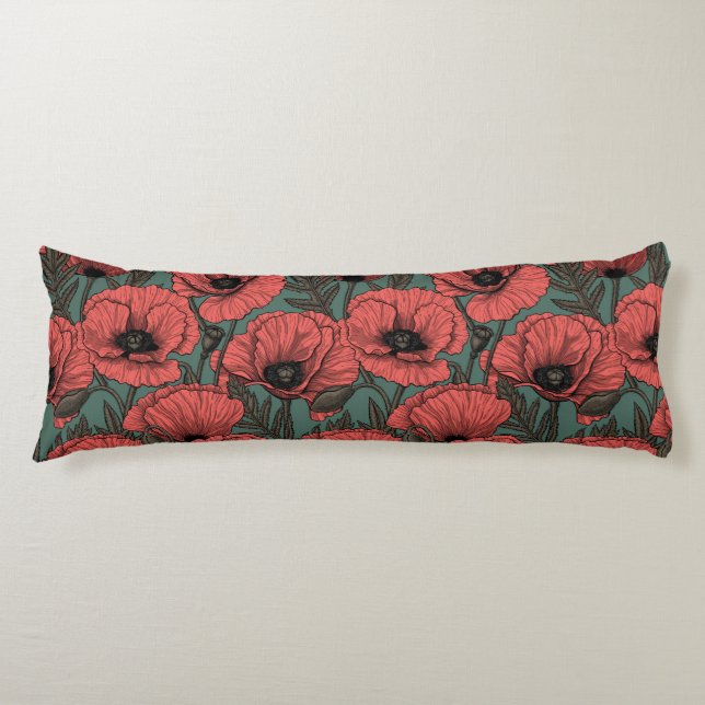 Poppy garden in coral, brown and pine green body cushion (Front)
