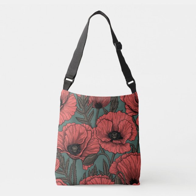 Poppy garden in coral, brown and pine green crossbody bag (Front)