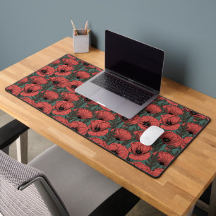 Poppy garden in coral, brown and pine green desk mat