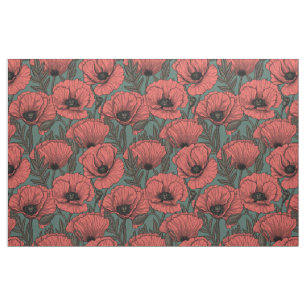 Poppy garden in coral, brown and pine green fabric
