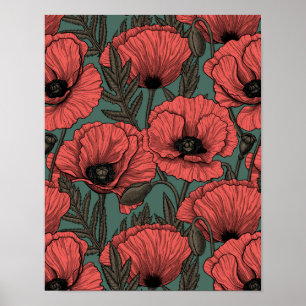 Poppy garden in coral, brown and pine green poster