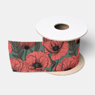 Poppy garden in coral, brown and pine green satin ribbon