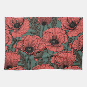 Poppy garden in coral, brown and pine green tea towel