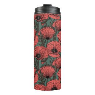 Poppy garden in coral, brown and pine green therma thermal tumbler