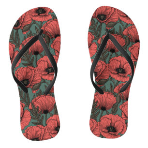 Poppy garden in coral, brown and pine green thongs