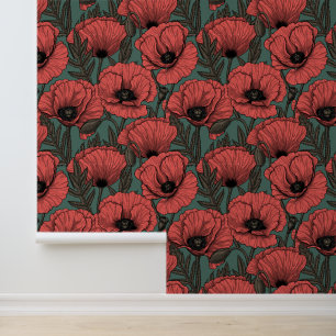 Poppy garden in coral, brown and pine green wallpaper