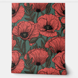 Poppy garden in coral, brown and pine green wallpaper