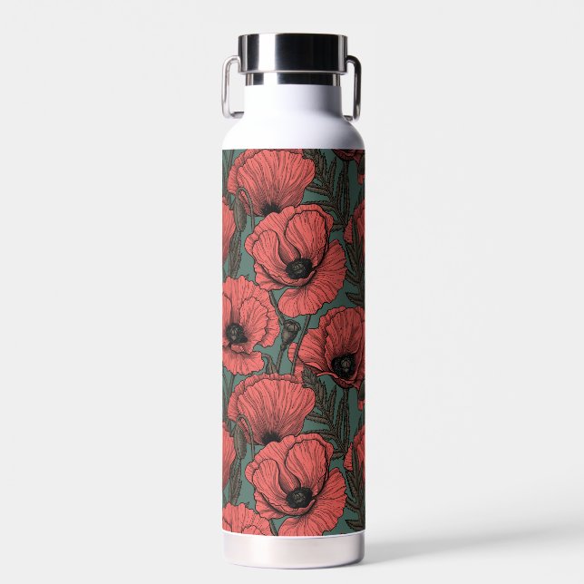 Poppy garden in coral, brown and pine green water bottle (Front)
