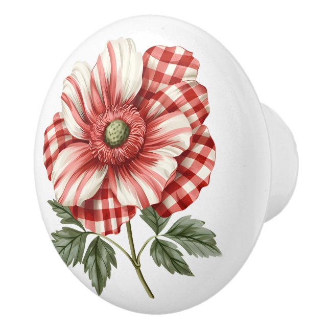 Poppy In Red White Gingham Ceramic Knob (Right)