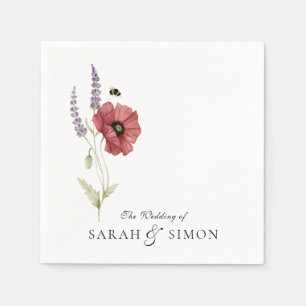 Poppy Lavender Bee Floral Watercolor Wedding Napkin