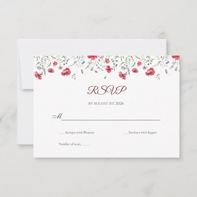Poppy & Lavender Watercolor Floral Wedding RSVP Card (Front)