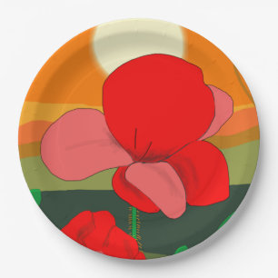 Poppy meadow at sunset paper plate