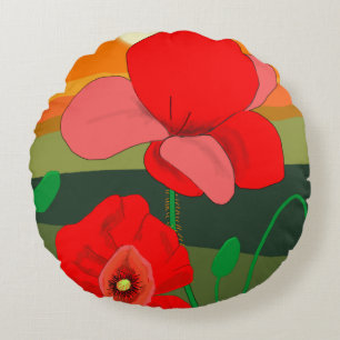 Poppy meadow at sunset round cushion