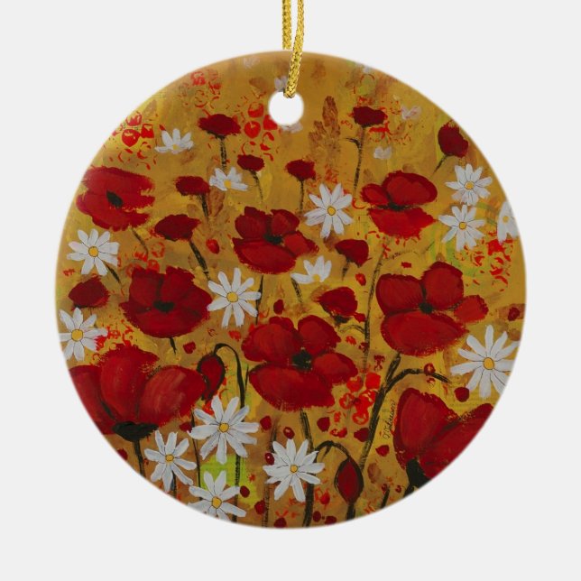 Poppy Meadow, Red Flowers Ceramic Ornament (Front)