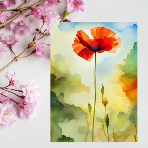 Poppy, meadow, watercolor art, flower postcard