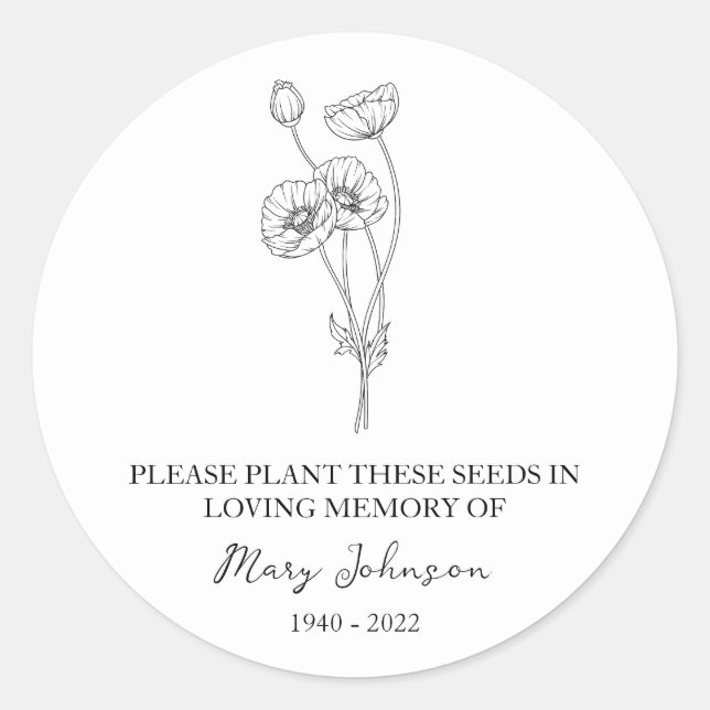Poppy Memorial Funeral Seed Packet Classic Round Sticker (Front)