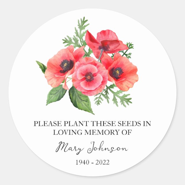 Poppy Memorial Funeral Seed Packet Classic Round Sticker (Front)