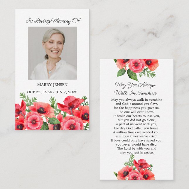 Poppy Memorial Photo Funeral Prayer Card (Front/Back)