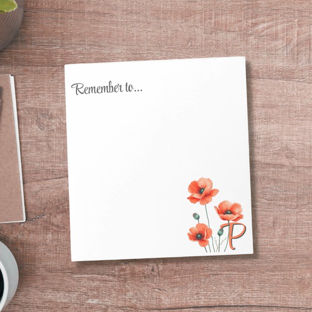 Poppy Monogram Wildflower Notepad (Add your initial to this pretty poppy notepad)