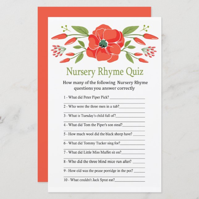Poppy Nursery Rhyme Quiz baby shower game (Front/Back)