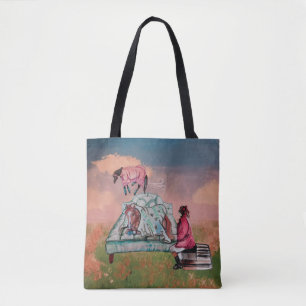 poppy on his bed under a fly sheet, tote bag