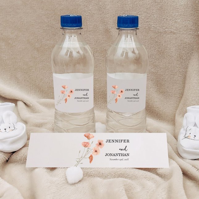 Poppy Orange Flower Wedding  Water Bottle Label (Creator Uploaded)