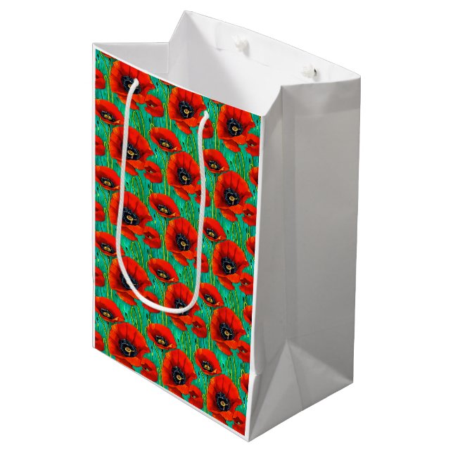 Poppy pattern memorial remembrance red green medium gift bag (Front Angled)