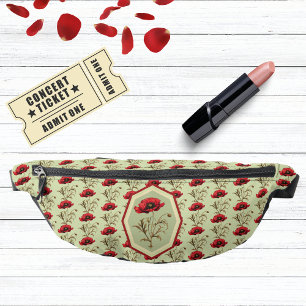 Poppy Pattern Red Sage Green with Floral Medallion Bum Bags