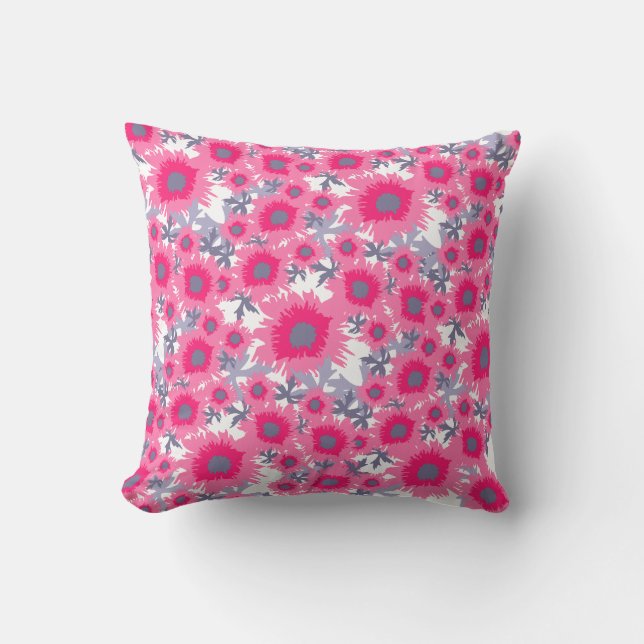 Poppy pink, grey and white throw pillow (Front)