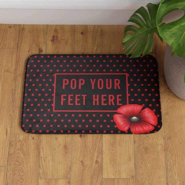 Poppy Polka Dot Pattern Red and Black Custom Bath Mat (Pop your feet on this poppy bath bat. You can change the text!)