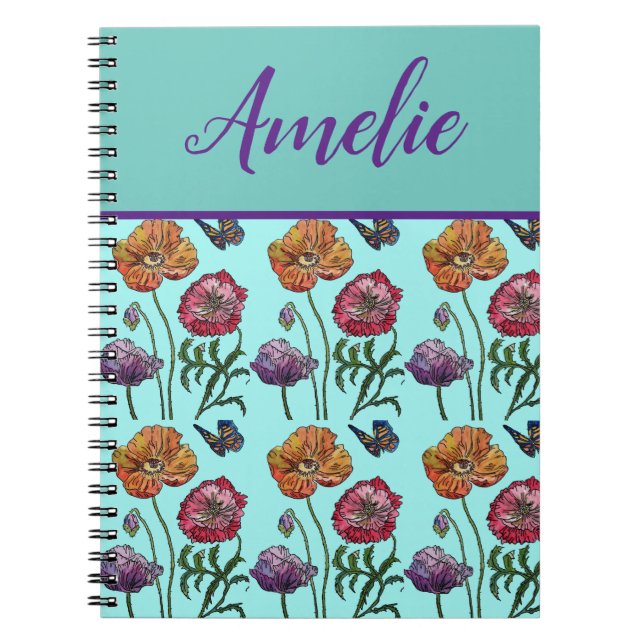 Poppy Poppies Red Shabby Chic Aqua Floral Flowers Notebook (Front)