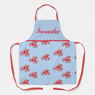 Poppy Poppies Red Shabby Chic Blue Gingham Floral Apron