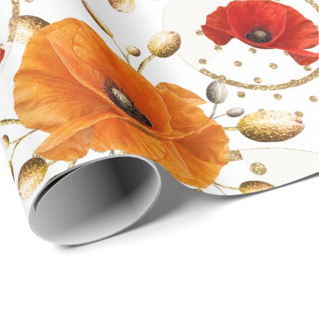 Poppy Red Flower Orange Glam White Gold Metallic Wrapping Paper (Roll Corner)