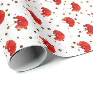 Poppy Red Flower White Gold Confetti Glitter Wrapping Paper