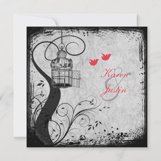 Poppy Red, Grey Birdcage Lovebirds Wedding Invite (Front)