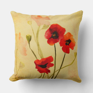 Poppy Shadows Red Poppies Watercolor Cushion