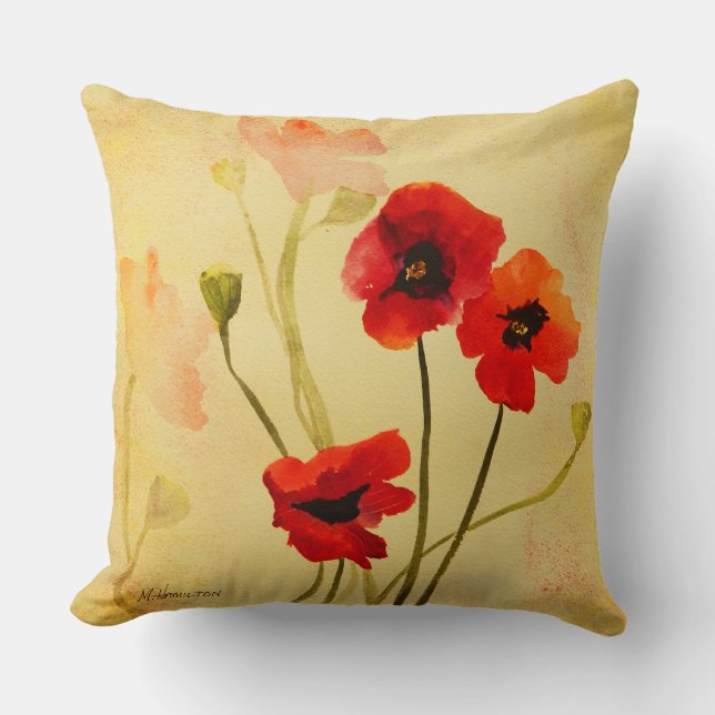 Poppy Shadows Red Poppies Watercolor Cushion (Front)