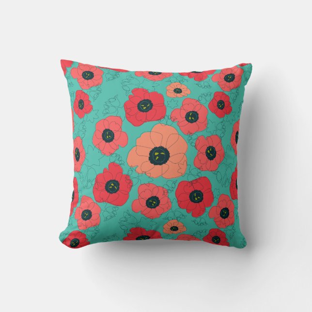 poppy spin coral on teal cushion (Front)