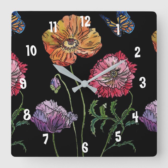 Poppy Watercolor Colouful Womans Office Clock (Front)