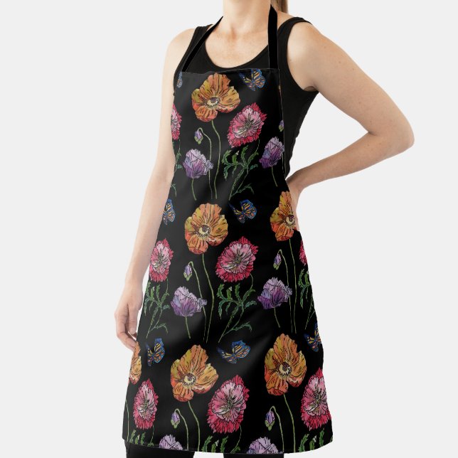 Poppy Watercolor dark Flower floral Kitchen Apron (Insitu)