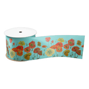 Poppy Watercolor Orange Red Aqua Pretty floral Satin Ribbon