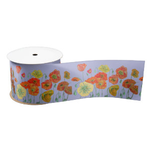 Poppy Watercolor Orange Red Lilac Purple floral  Satin Ribbon