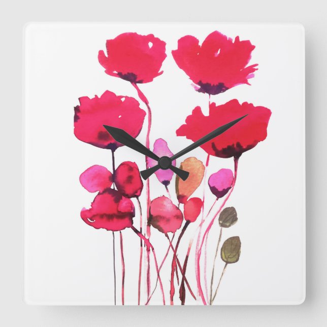 Poppy watercolor square wall clock (Front)