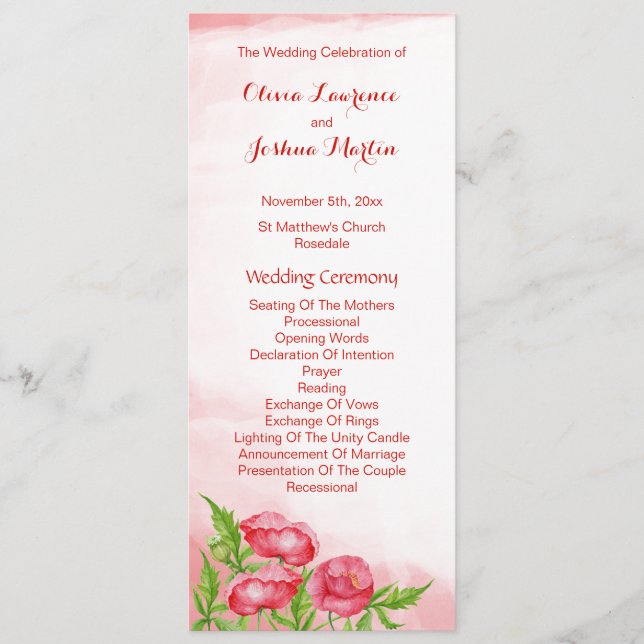 Poppy Watercolor Wedding Programs (Front)