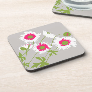 Poppy white, pink, green & grey set of 6 coasters